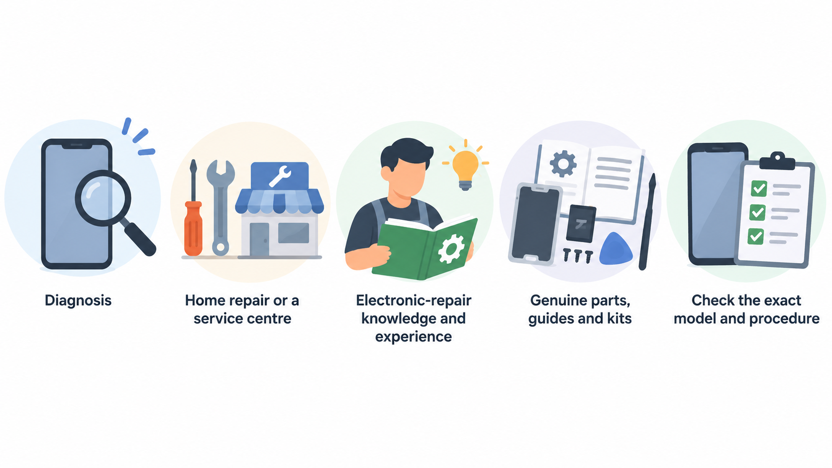 Show the five checks the section says to consider before choosing a repair route or phone.