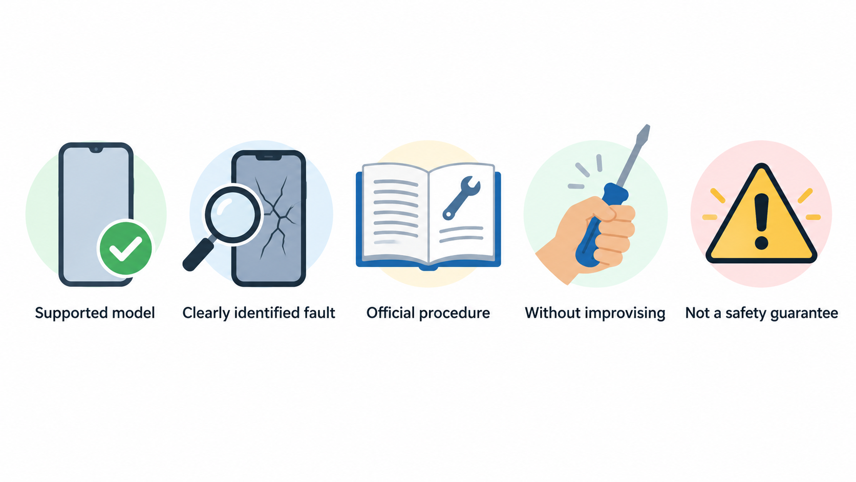 Show one row of four icons with short labels: “Supported model”, “Clearly identified fault”, “Official procedure”, “Confidence to complete every step”.