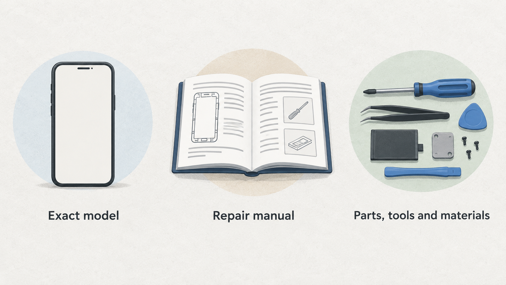 Show one numbered checklist with five section-stated checks: exact model, full procedure, required parts and tools, guide availability, and whether the part and kit can be
