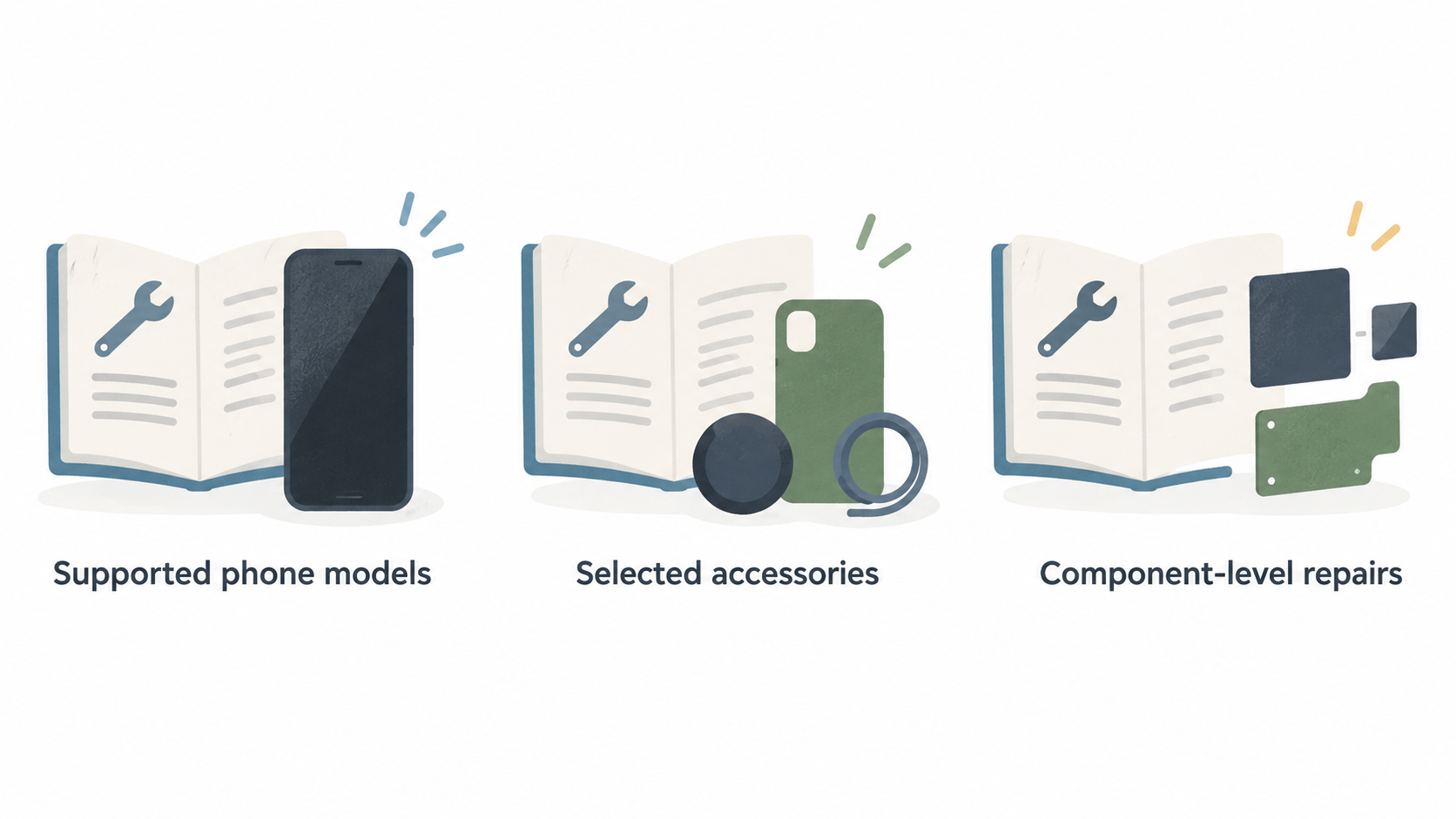 Show the Fairphone Gen. 6 repair-guide examples as a compact range of labeled component icons.