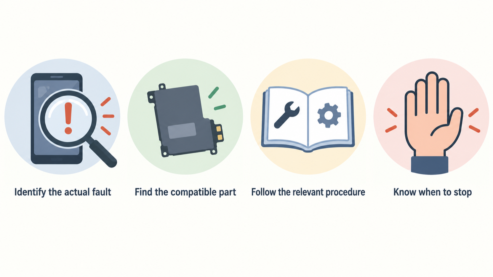 Show one numbered five-step checklist using the diagnosis and repair steps stated in the section.