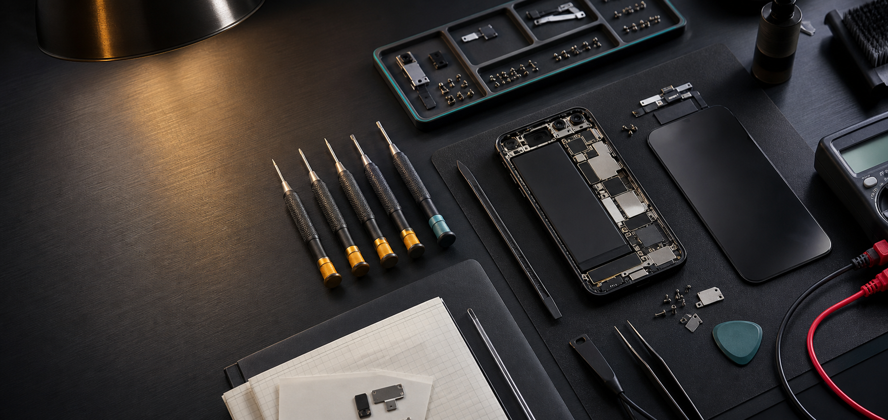 An opened smartphone arranged on a professional repair bench with precision tools
